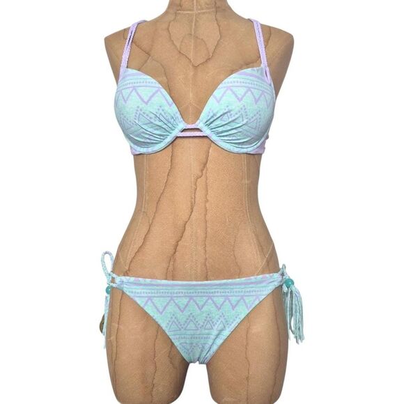 Victoria's Secret Blue Purple Pushup Bikini Adjustable Straps Tie Bottoms 34B - Picture 1 of 3